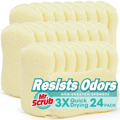 Mr. Scrub Sponges Kitchen Scrub Dish Sponge Scouring Pad, 24 Pack Cleaning Brush Scrubber Supplies for Soap, Dishwashing Dinnerware Sets Pan Pot Glass Dishwasher Sink Bathroom Towels Cloth Rags Holder