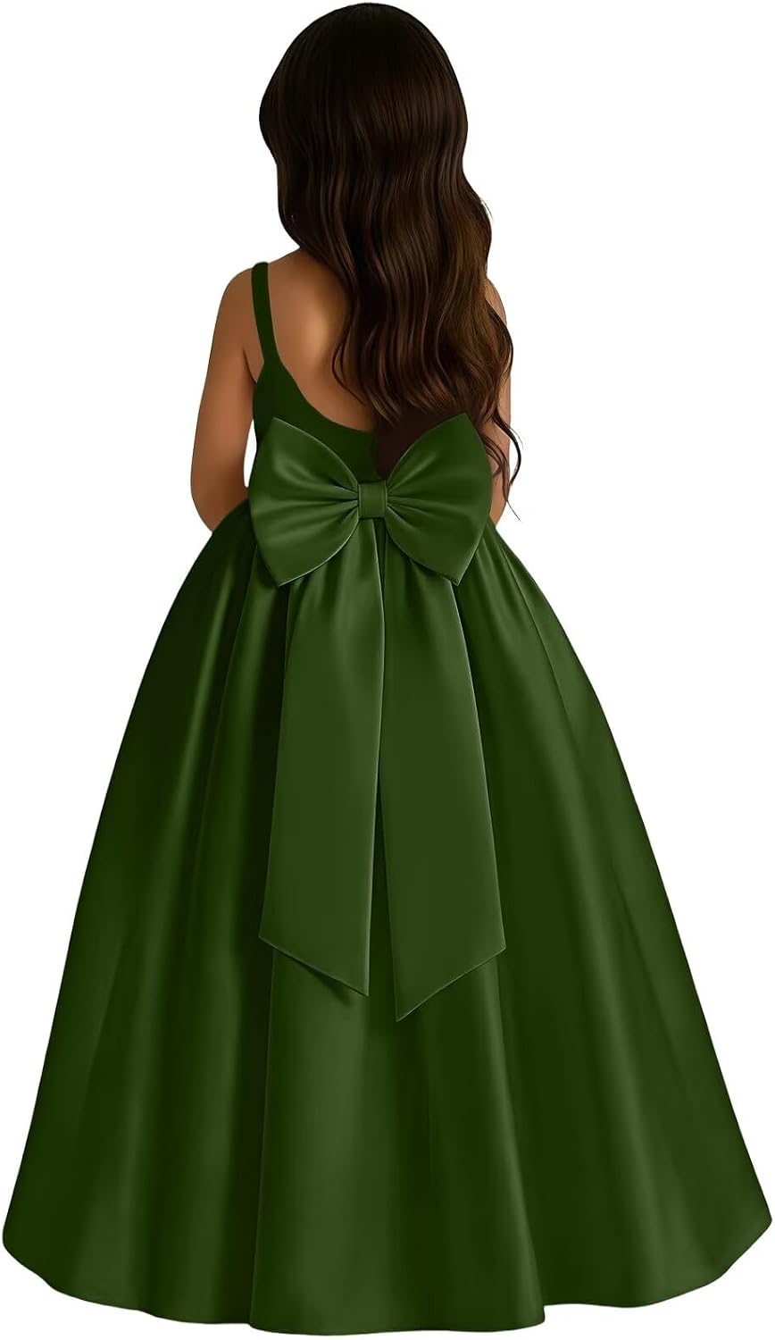 Satin Flower Girl Dress for Wedding Long with Bow Sleeveless First Communion Dresses for Girls