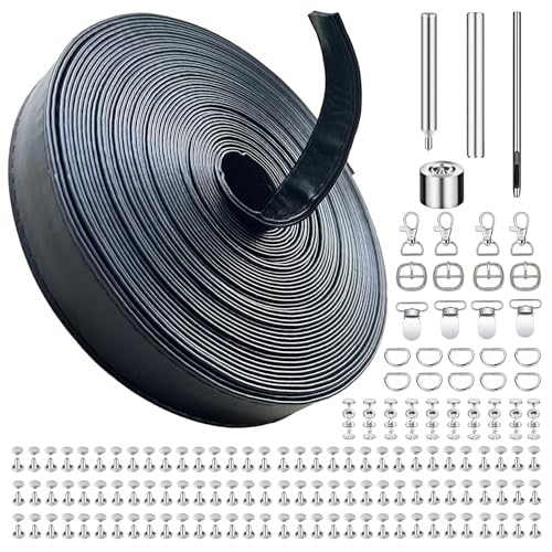 AOUXSEEM 196inches Long Black PU Faux Leather Strip Kit (3/4in wide) with Rivets Snap Buttons Setting Tools, Constant Roll for Hanging Belt Making DIY Purse Strap Dog Collar Lanyard Crafts
