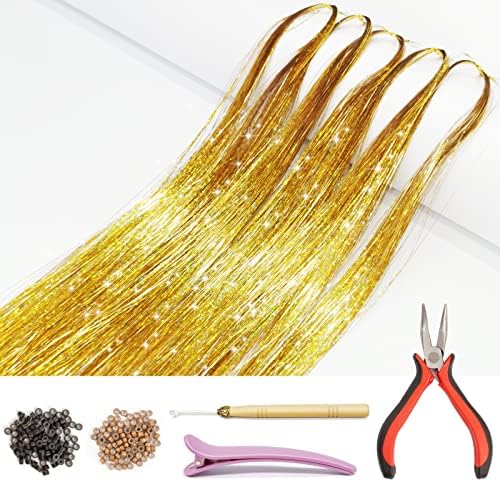 Hair Tinsel Kit with Tools and Instruction Easy to Use 1000 Strands 47 Inches Glitter Tinsel Hair Extensions for Women and Girls, Sparkling Shinny Fairy Hair Accessories for Christmas New Year Halloween Cosplay Party (Gold)