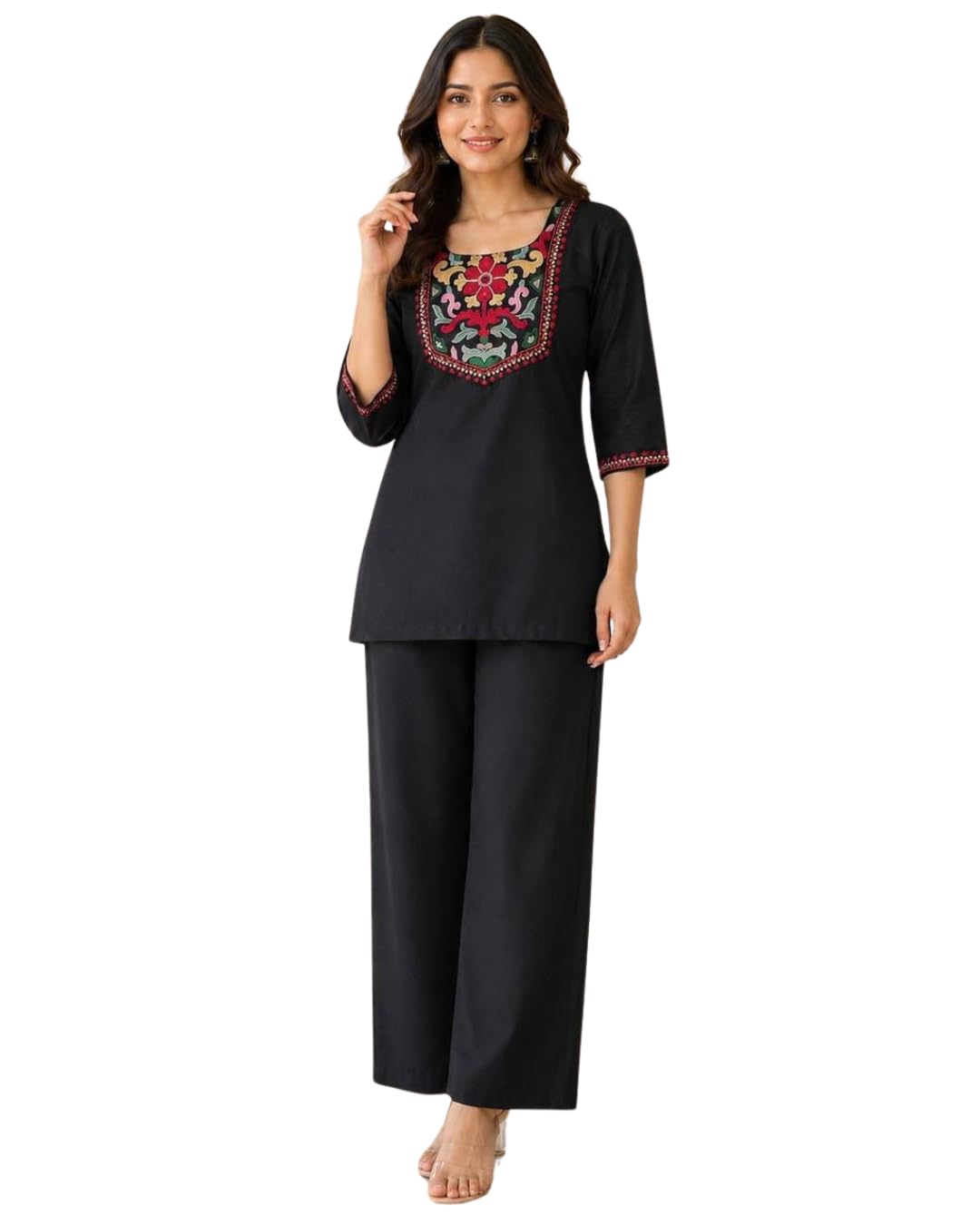 Women's Rayon Slub Embroidered Top with Pant Set StylishTop with Pant Set Set Soft & Comfortable Casual Outfit (IN, Alpha, XL, Aafrin-off-black)-picture-17