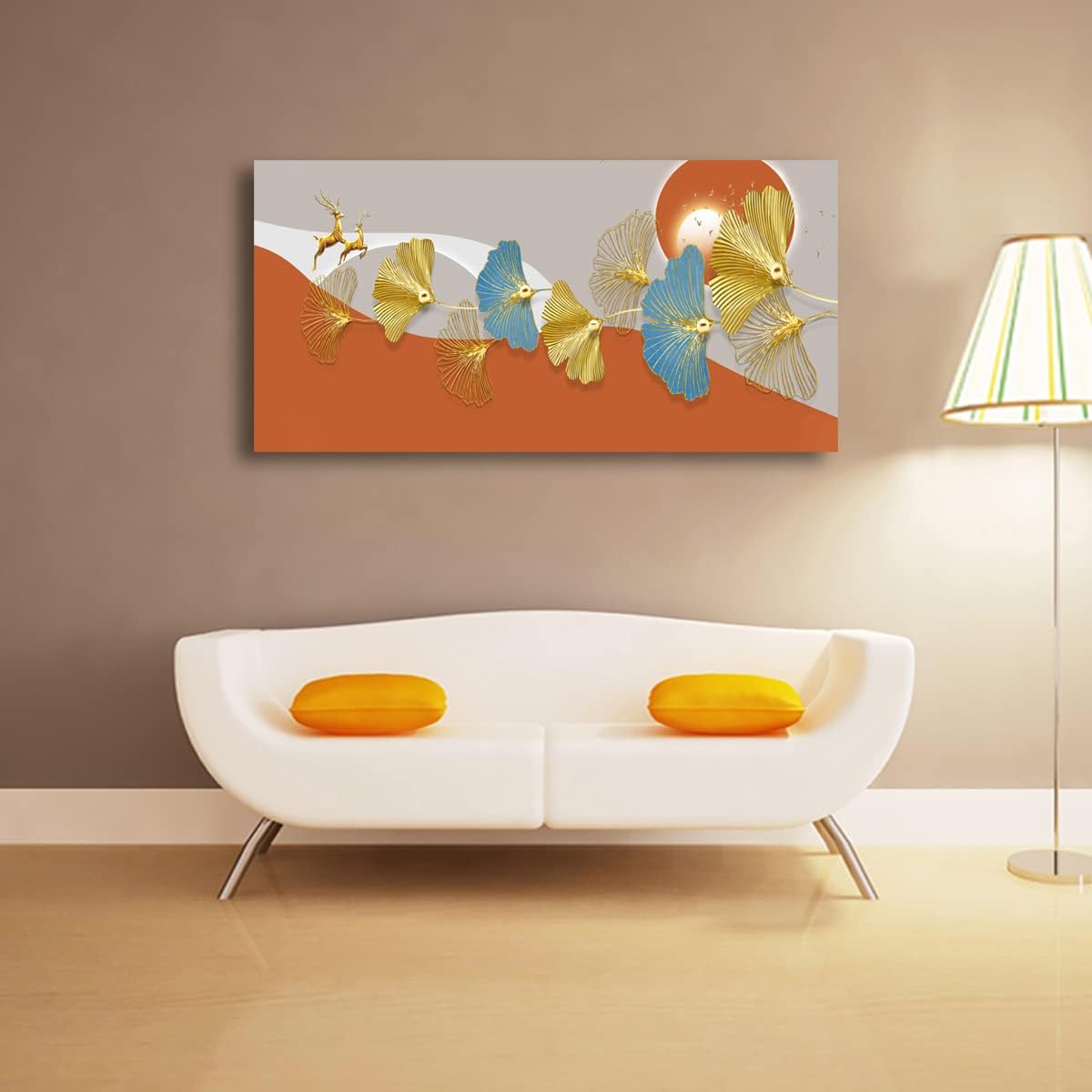 SiGuTie Canvas Wall Art Modern Abstract Paintings Gold and blue leaves, Red Sun & Orange and Gray Background ，Popular Style Prints and Artwork for Living Room & Bedroom Decoration-20x40inches image 3