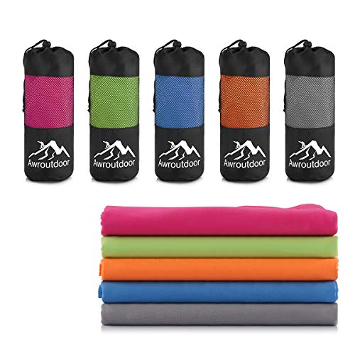 Awroutdoor Microfibre Beach Towel with carrying Bag, Quick Drying Sports Towel Super Absorbent Swing Towel, for Gym, Fitness, Travel, Camping, Hiking, Beach, Yoga, Pilates, Bath, Shower