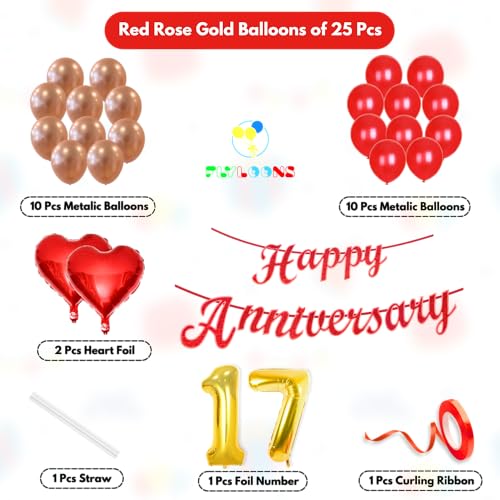 Image of Flyloons 17th Happy Anniversary Decoration Items Red Rose Gold for Men Women Husband Wife Mom Dad Parent Couple Home Bedroom Car With 20 Pcs Metallic Balloons Anniversary Banner 2 Pcs Heart Set Kit