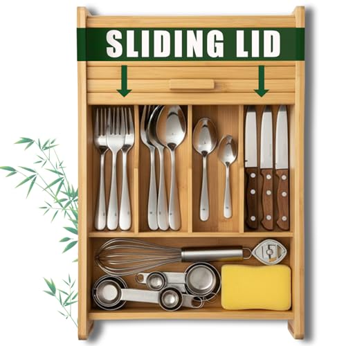 Bamboo drawer organizer with sliding lid, featuring compartments for cutlery, measuring tools, and kitchen utensils, emphasizing organization and efficiency for tech-savvy adults.