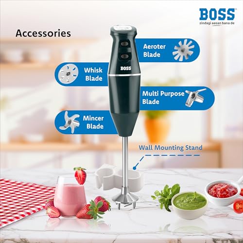Image of BOSS Crystal Hand Blender | Specially designed Aerator Blade | Powerful 275W Motor | 2 Speed operation | Green | Wall bracket for storage, 3 year warranty*
