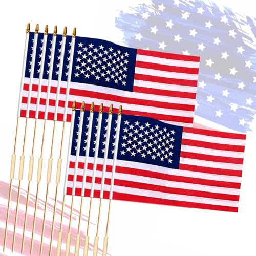 12x18 Inch 12Pcs American Flags with Spear Top on Stick 250 Anniversary USA Flag American Hand Held Flag for Memorial Day Fourth of July Outdoor Decorations
