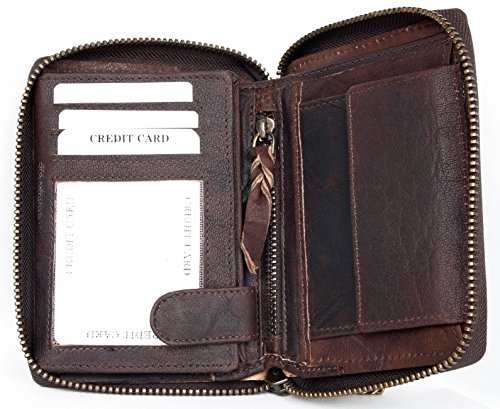 Flw Dark Brown Natural Strong Genuine Leather Wallet With Metal Zipper Around With Chain #TOP2