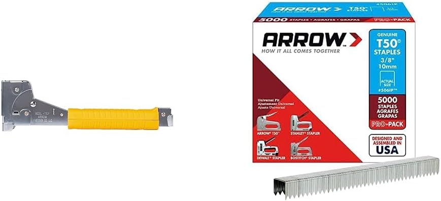 Arrow HT50 Heavy Duty Hammer Tacker, Chromed-Steel Manual Stapler with Sure-Grip Handle, Fits 5/16”, 3/8'', or 1/2'' Staples & 506IP Heavy Duty T50 3/8-Inch Staples for Upholstery, 5000-Pack