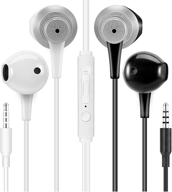 2-PACK, Black+WhiteMas Carney WH5 Semi in ear Earphones, Metal Earbuds with Microphone Volume Remote Control, Pack of 2 Headphones