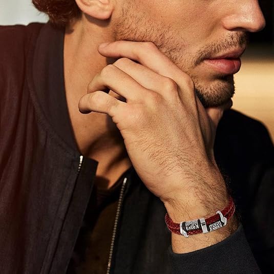 Mens Double Row Braided Leather Wristband Stainless Steel Beaded Double Layer Leather Cord Wristband Bangle Viking Bracelet Gift for Men - Image 4
