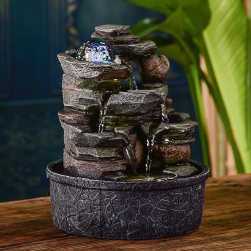 Zimmerbrunnen Wasserfall Natur Stein Rock Light Effekt Buntes Licht, Geschenkidee, Bewegte Innendekoration - Zen Tischbrunnen Entspannend, Feng Shui Objekt Glück, H 23cm - Satya Zen'Light