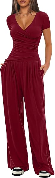 LIAMERHE Set Due Pezzi Donna Estivo Casual Manica Corta Scollo a V a Portafoglio e Pantaloni Larghi a Vita Alta con Tasche Tuta Sportiva Elegante Completo Loungewear e Abbigliamento da Casa - 2