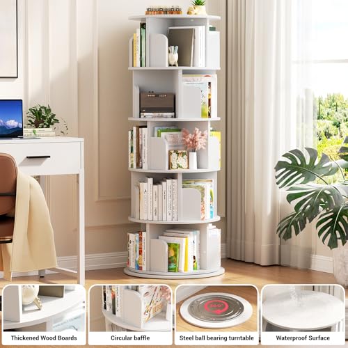 Aheaplus Rotating Bookshelf, 360 Display Wood Spinning Bookshelf Tower, 5 Tier Floor Standing Bookcase Storage Rack, Revolving Bookcase Corner Bookshelfs for Small Space, Bedroom, Study Room, White - Thumbnail 3