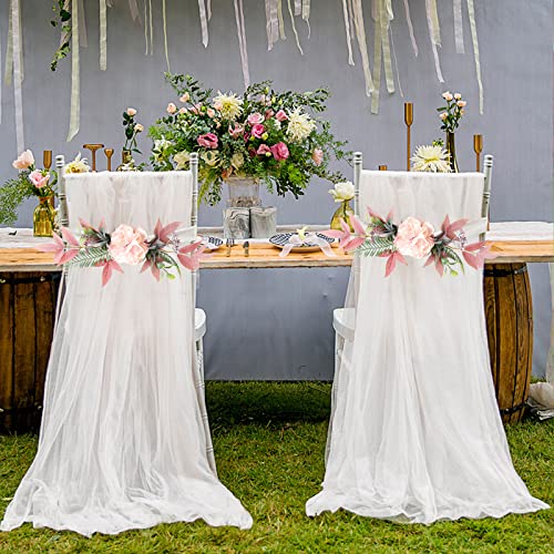 6Pcs Wedding Chair Flowers With Chiffon Fabric,Tulle Chair Cover Long Bow Ties Mesh Chair Skirt Slipcovers For Bridal Shower Wedding Baby Shower Decor-A1 #TOP4