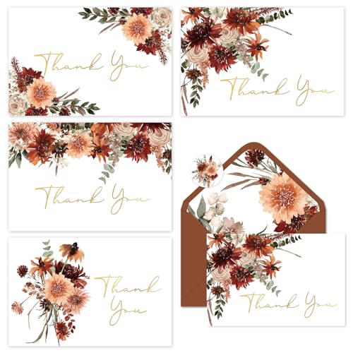 Whaline 32 Packs Fall Floral Gold Foil Thank You Cards
