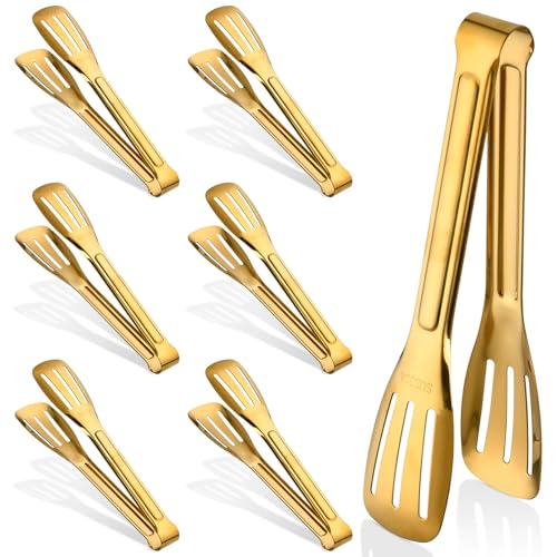 Akamino 6 Pcs Gold Food Serving Tongs, 7 Stainless Steel Kitchen Tongs with Non-Slip Handle, Metal Buffet Tong for Salad Dessert BBQ Appetizer, Home Party Use