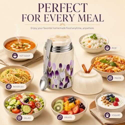 Image of Insulated Stainless Steel 1060ml Lunch Box with 350ml Tumbler | Leakproof Hot Cold Food Container | BPA-Free Cute Tiffin Box for Kids, School, Office, Travel, Picnic (Purple Tulip Floral)