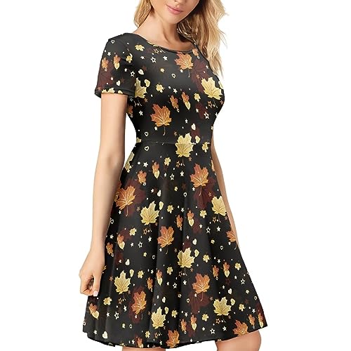 Image of POLERO Women Puffy Swing Elegant Party Midi Dresses Short Sleeve Round Neck A-Line Dress