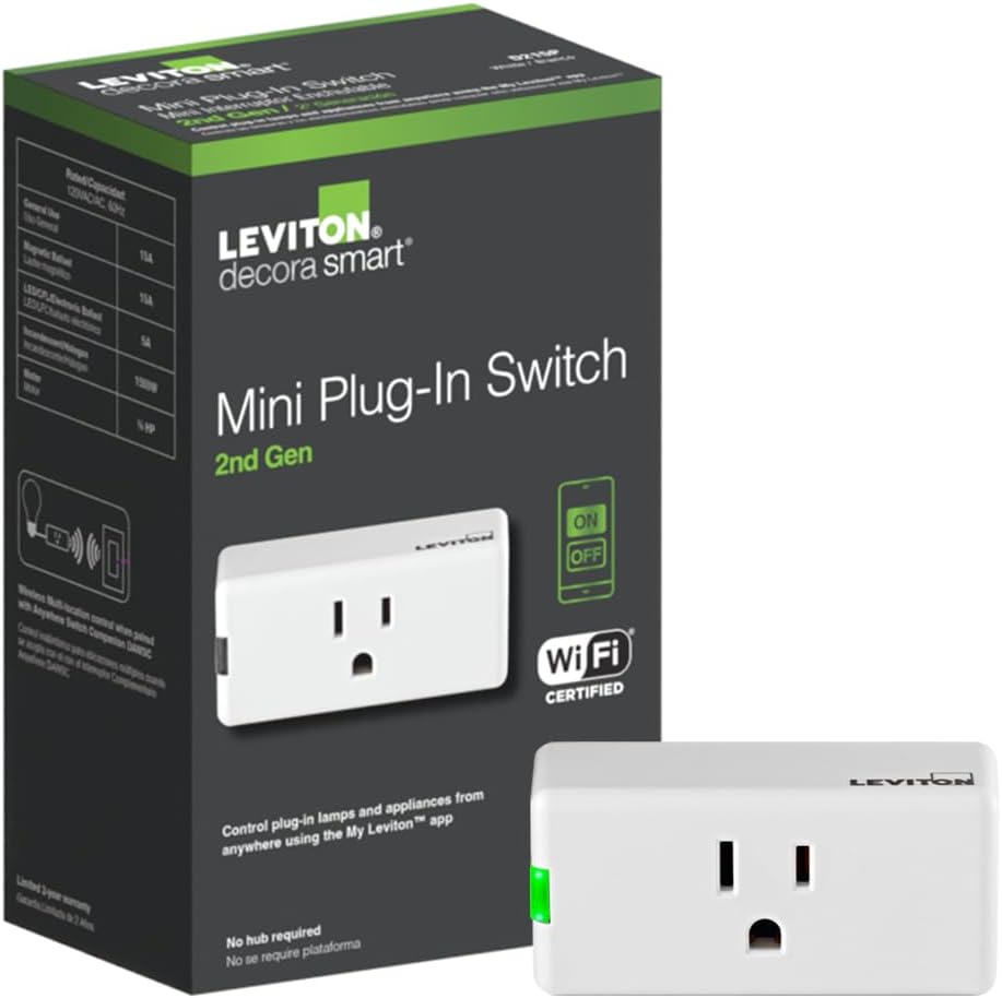 Leviton Decora Smart Plug, Wi-Fi 2nd Gen, D215P-1RW, White | Works with Matter, My Leviton, Alexa, Google Assistant, Apple Home/Siri. Wire-Free Anywhere Companions for Switched Outlet