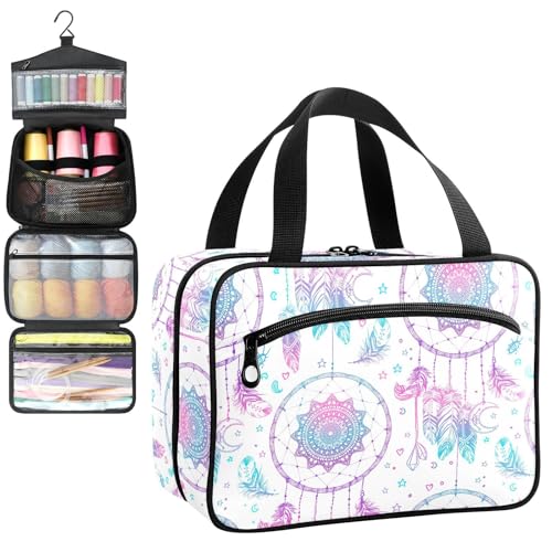 YNNALE Sewing Supply Organizer Bag, Purple Pink Dreamcatcher Indian Feathers Portable Sewing Bags with Pockets&Hanger, Sewing Storage Box Case for Sew Supplies/Kit/Tools/Accessories (BAG ONLY)