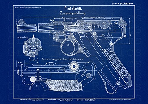 UpCrafts Studio Design P08 Luger German Pistol Blueprint - P-08 Luger 9mm Gun Patent Print (11.7x16.5, Blue)