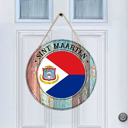 Cheyan Wooden Sign Sint Maarten Wood Sign for Front Door Decoration Hanging Farmhouse Porch Outdoor Decor Round Wood, 10"x10", Sint Maarten Wall Art