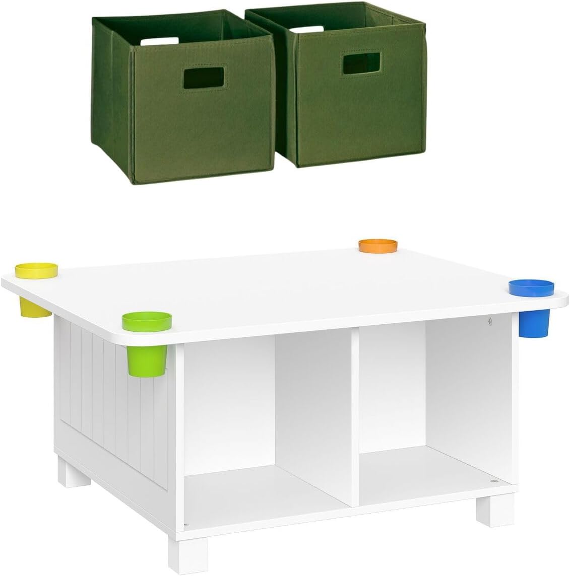 RiverRidge Kids Desk and Art Activity Table - Play Table with 4 Removable Storage Cubbies & Cups for Crafts, Puzzles & Activities 2 Olive Folding Fabric Bins
