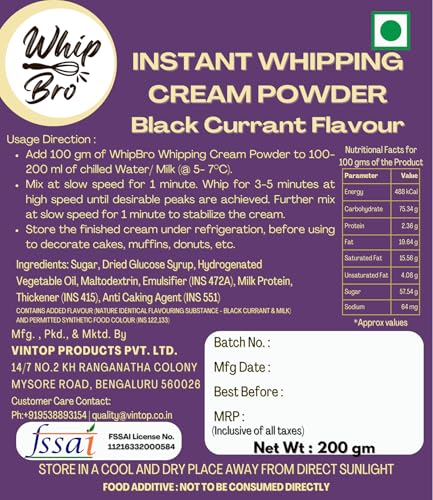 Image of WhipBro Whipping Cream Powder | Black Currant Flavour | Baking & Dessert Use (200 g)