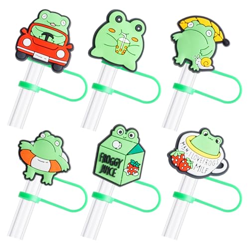 6Pcs Frog Silicone Straw Cover Cap for Stanley Cup, 7-8mm Reusable Cute Pink Drinking Straw Topper Accessories, Portable Protector Plugs Decorations Gifts for Kids Party Favors