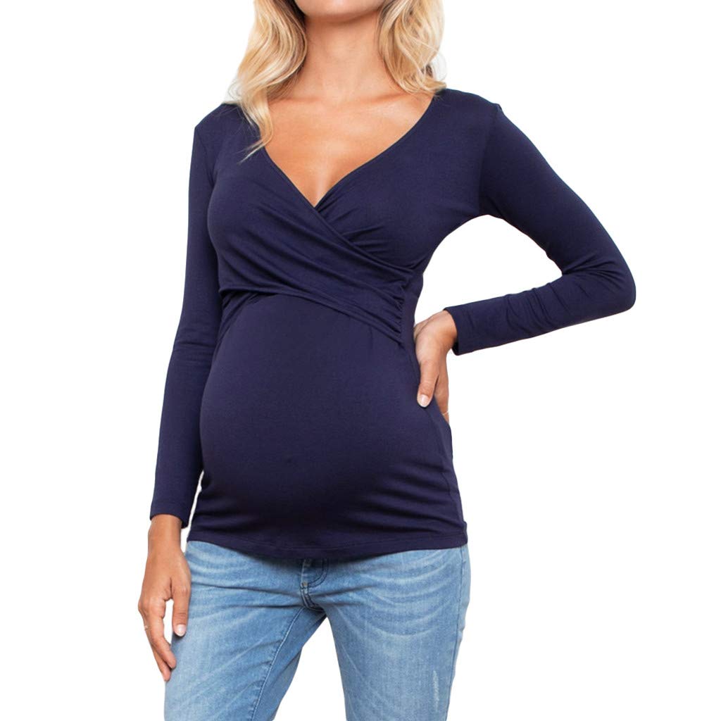 Damen Umstandsshirt Langarm Stillshirt Elegant Umstandstops Schwangerschafts Oberteil Bequem Schwanger T-Shirt Umstandsmode Langärmliges Stilltop Mit V-Ausschnitt Und Plissee