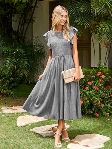 Image of Simplee Womens Striped Midi Summer Dress Linen Smocked Flutter Short Sleeve Dress Flowy Casual Dress with Pockets