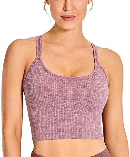 CRZ YOGA Womens Longline Seamless Ribbed Sports Bra - Padded Racerback Sports Bra Yoga Crop Tank Tops Misty Merlot Medium