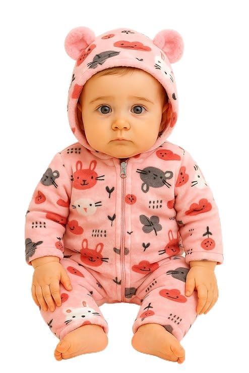 Image of BABYZONE Fluffy Fleece Baby Romper - Hooded Bear Ear Winter Jumpsuit for Boys & Girls