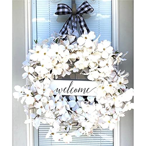 GOUWUCHE Deko frühling Kranz, Büffel-Plaid 28cm Artificial White Dogwood -Blumen-Tür-Kranz für und Sommer All Seasons Blumenkranz Runde Reisig Rebe Hängend Urlaub auf dem Bauernhof Office Cover