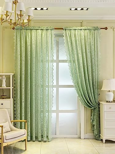 F-CHU Green Net Curtains for Windows 72 drop Voile Curtain Sheer Lace Curtains for Living Room Decor 2 Panels 55 W x 72L Inch (140cm x 183cm) Green Curtain - Image 3