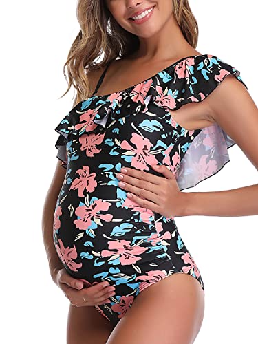 Miyang Women Maternity Swimwear One Shoulder Flounce One Piece Printing Bathing Suit Black Red X-Large #TOP8