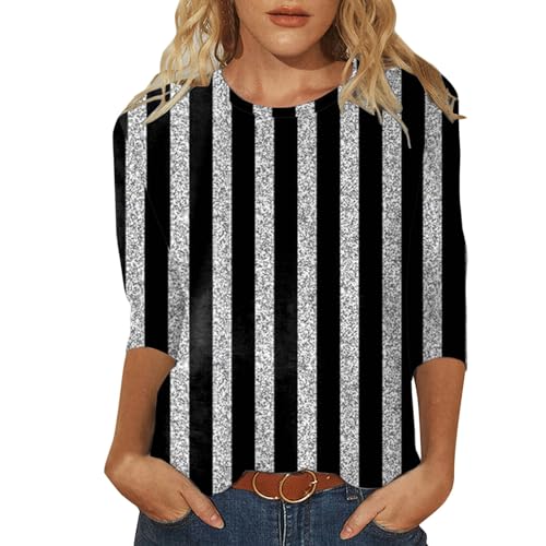 2025 - Camiseta de manga 3/4 para mujer con estampado de lentejuelas cuello redondo camiseta blanca para mujer talla grande, Blanco, XXL