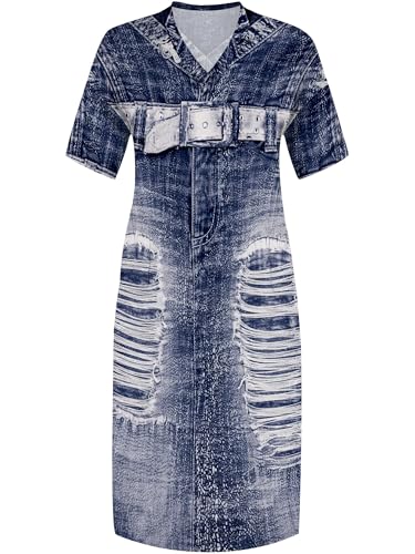 Image of SUZONANA Plus Size Denim Print Maxi Dresses for Women Casual V Neck Short Sleeve with Pockets Soft Jean Look Dress XL-6XL