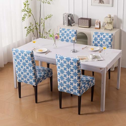 Image of House of Quirk Elastic Chair Cover Stretch Removable Washable Short Dining Chair Cover Protector Seat Slipcover (Pack of 4, Indigo Motif)