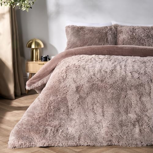 OHS Fluffy Fleece Duvet Cover Double, Super Soft Warm Microfibre Winter Bedding Set Plain Dye Luxurious Plush Fleece Double Duvet Set with Pillowcases, Natural