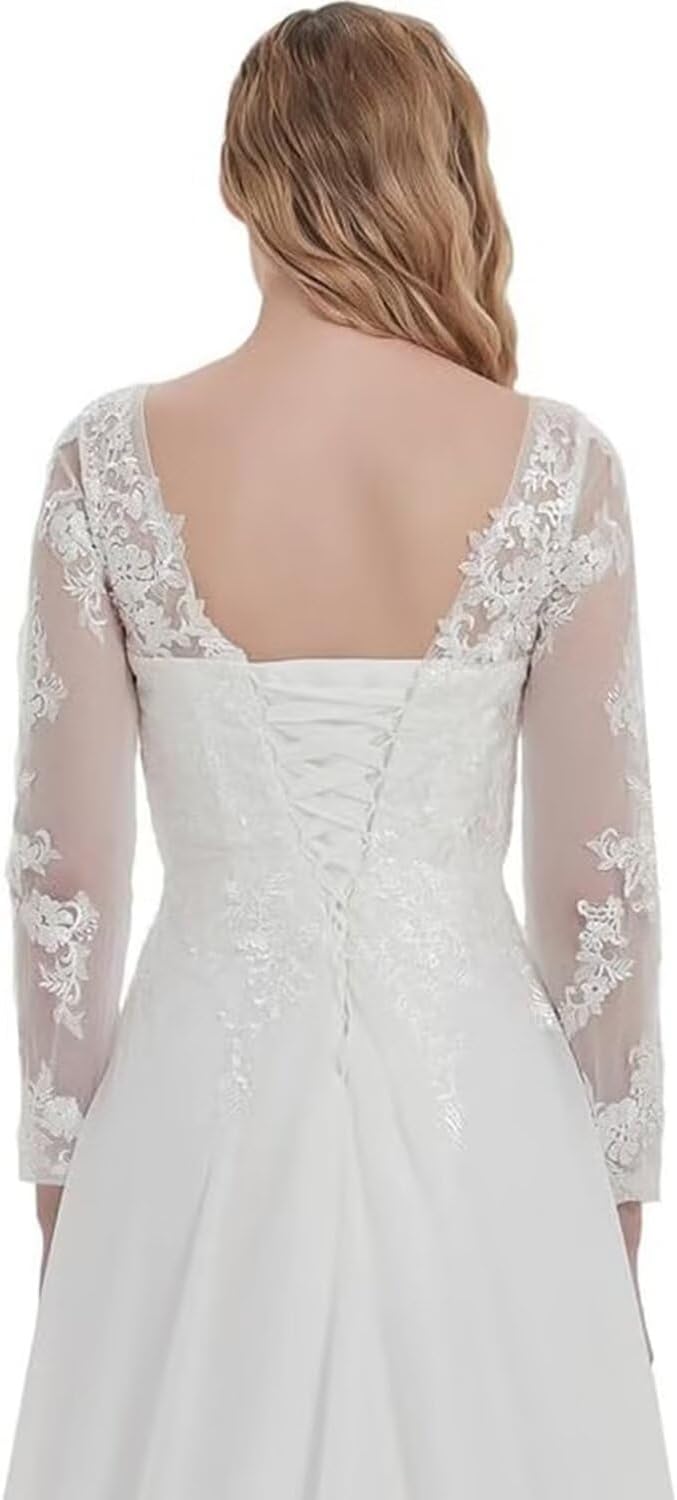 Women's Long Sleeves A Line Wedding Dress for Bride Lace Applique Chiffon Floor Lenght Beach Wedding Gown