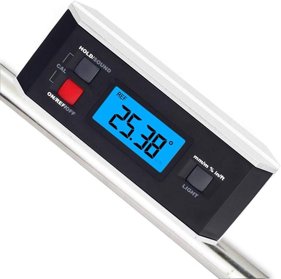 Digital protractor measuring an angle on a round metal bar, displaying 25.38 degrees