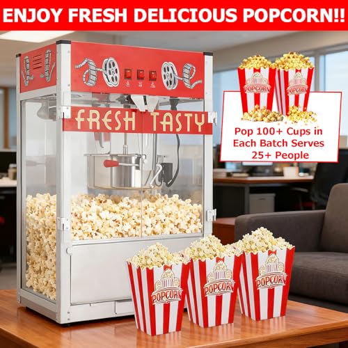 Image of Commercial Popcorn Machine With 36 OZ Kettle- Countertop Popcorn Machine for Theater Style, Stainless Steel, 3-Switch Control, for Business, School, Corporate,Institutional, Movie, Home use, Red