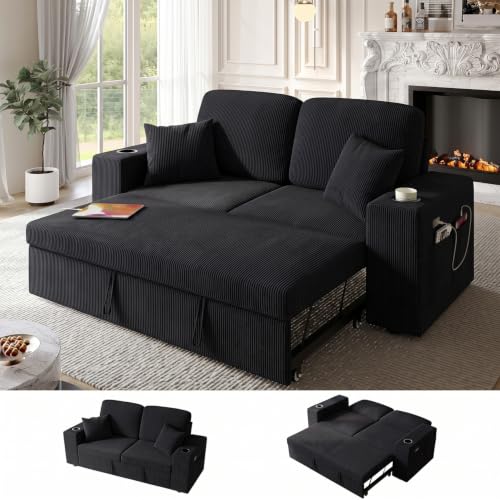 Bonroyo 63 Inch Sleeper Sofa Bed, 3 in 1 Pull Out Couch Bed with Reclining Backrest, Small Loveseat with Wide Armrest | USB Charging | Side Pockets | Cup Holders | Tool Free Assembly, Corduroy Black