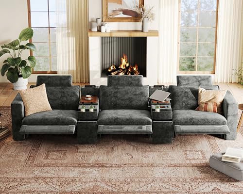 Image of 152.4 inch Power Recliner Sofa Wall Hugger, Modular Cloud Sectional Reclining Couch with Headrest, Storage Drawer Cup Holder, 3-Seater with 2 Consoles for Home Theater Living Room, Chenille, Black