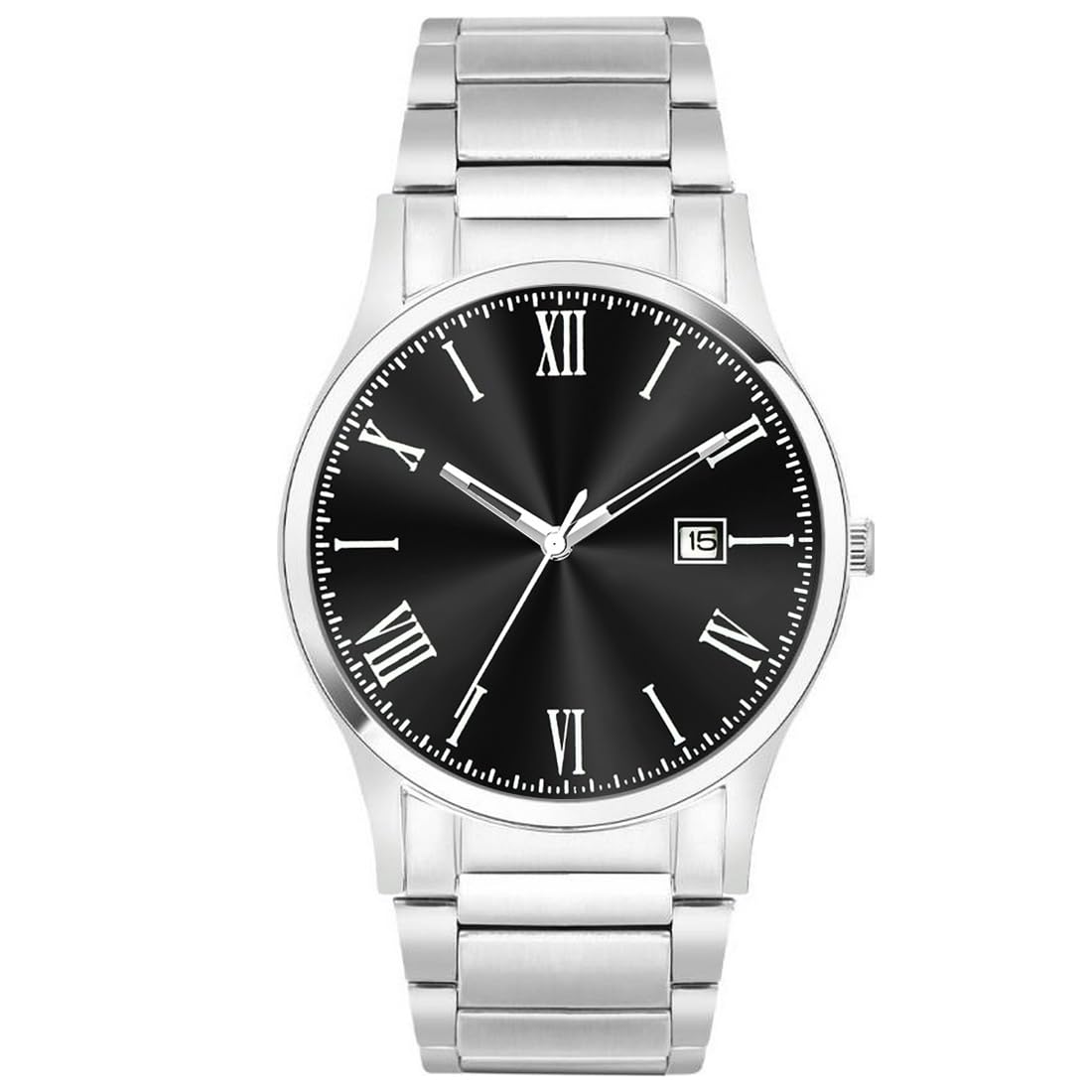 Classic Men's Wristwatch with Black Dial, Roman Numerals, Date Display, Stainless Steel Band, Silver