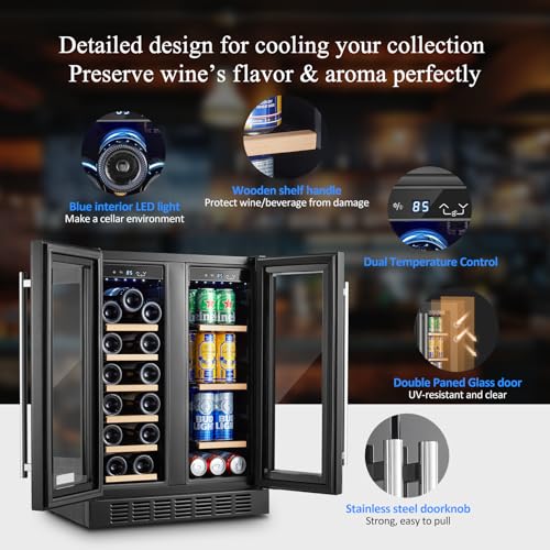 Image of BODEGA 24 Inch Wine and Beverage Refrigerator, Holds 41 Cans and 17 Bottles | Dual Zone Beverage Refrigerator With LED Light, Built-in or Freestanding Installation, Ideal for Bar, Home, Kitchen