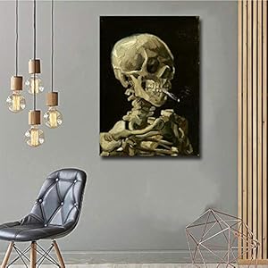 Skull of a skeleton with burning cigarette 1886 by vincent van gogh canvas prints wall art pictures reproductions artwork paintings poster with frame home decor ready to hang 20 x 28  urban country home decor