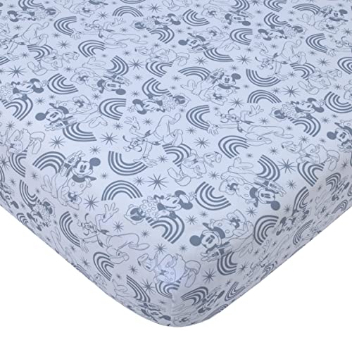 Image of Disney Mickey and Friends Grey, Blue, Gold and Red Mickey Mouse, Minnie Mouse, Donald Duck, Pluto and Goofy 3 Piece Nursery Crib Bedding Set - Comforter, Fitted Crib Sheet and Crib Skirt